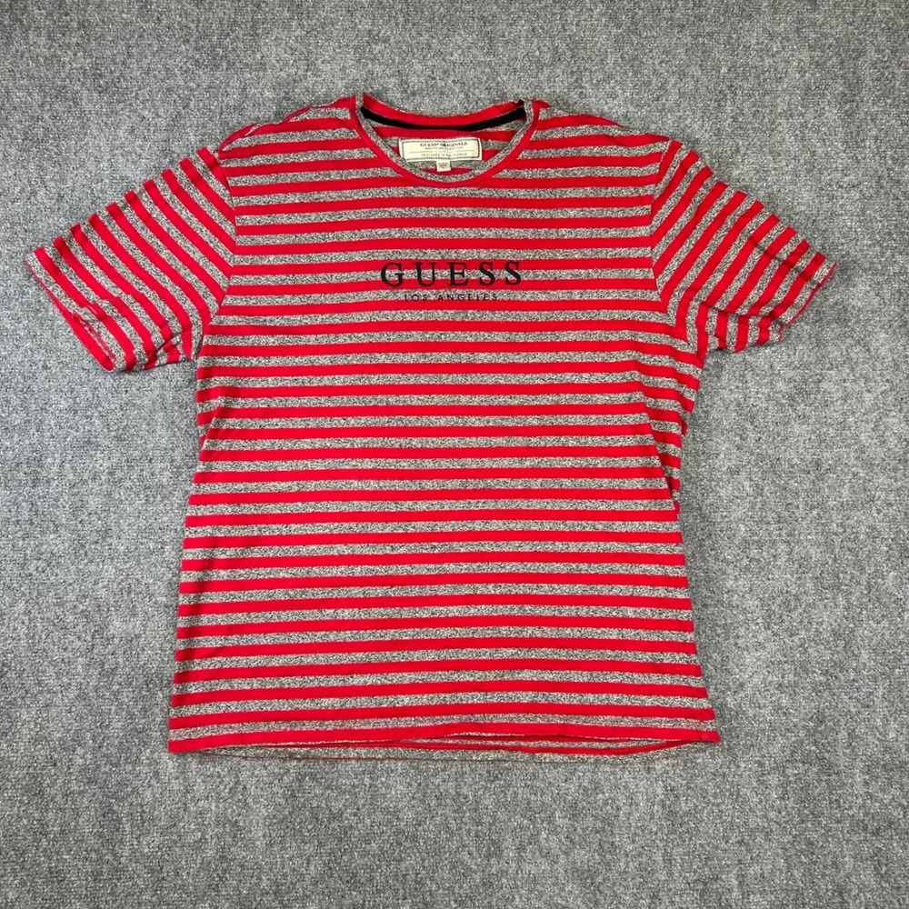 Guess Originals Mens Striped T-Shirt Red Grey Embroidered Logo Size Large
